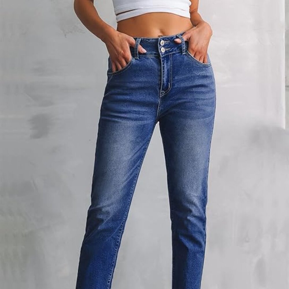 Sidefeel Women's High Waisted Jeans Strechy Raw Hem Straight Leg Denim Pants